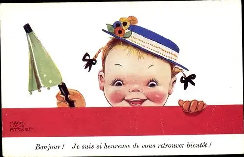 Künstler Ak Attwell, M. L., Mädchen-Portrait, Hut, Blumen, Sonnenschirm