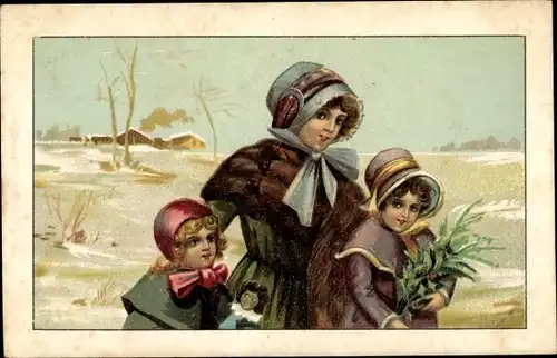 Ak Frau mit zwei Töchtern, Portrait, Puppe