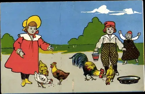 Ak Kinder füttern Hühner, Fütterung, Bauernhof