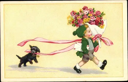 Ak Kind mit Blumenstrauß, Gratulant, Hund, Brief, Geschenke