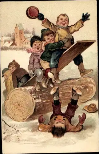 Litho Kinder beim Wippen, Unfall, Holzbalken