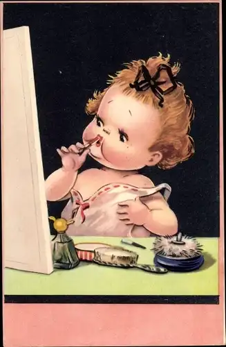 Ak Mädchen macht sich hübsch, Spiegel, Lippenstift