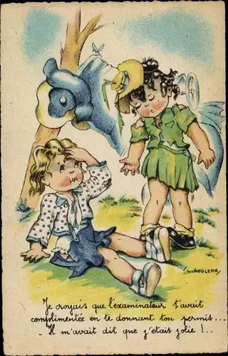 Künstler Ak Gougeon, Zwei Mädchen, Autounfall, Verletzte