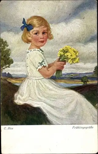 Künstler Ak Max, C., Frühlingsgrüße, Mädchen in weißem Kleid, Blumen