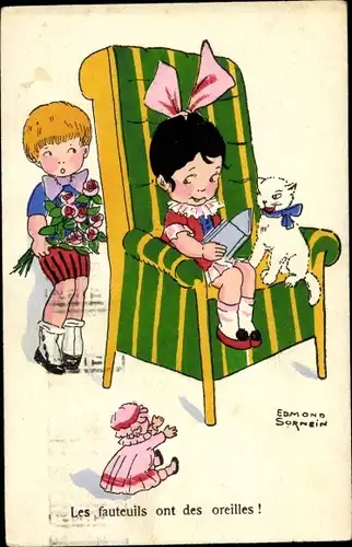 Künstler Ak Mädchen mit Katze im Sessel, Junge mit Blumenstrauß, Puppe