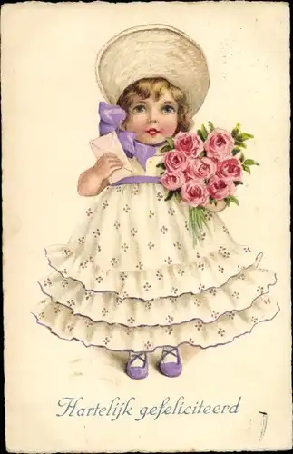 Ak Glückwunsch, Mädchen mit Blumenstrauß, Rosen, Gratulantin