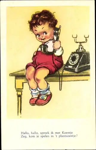 Ak Kleines Kind beim Telefonieren, Telefon