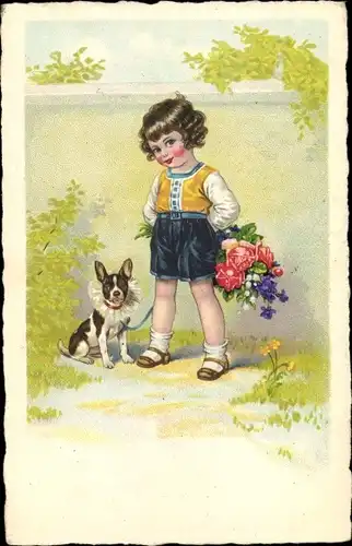 Ak Mädchen mit Blumenstrauß, Hund, Spaziergang