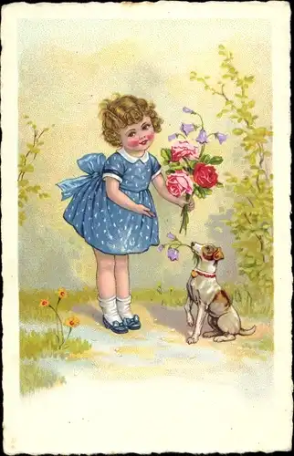 Ak Mädchen mit Blumenstrauß, Hund, Rosen