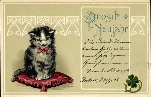 Litho Glückwunsch Neujahr, Glücksklee, Katze, Kissen