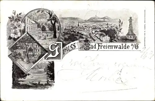 Litho Bad Freienwalde an der Oder, Gesamtansicht, Kurpark, Kriegerdenkmal, Baa See