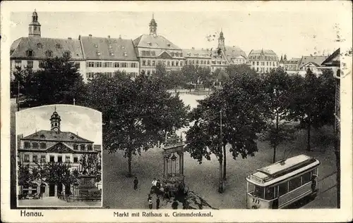 Ak Hanau am Main, Markt, Rathaus, Grimmdenkmal, Straßenbahn