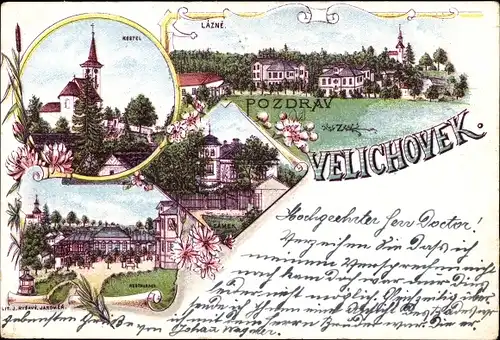 Litho Velichovky Welchow Reg. Königgrätz, Bäder, Kirche, Schloss, Restauration