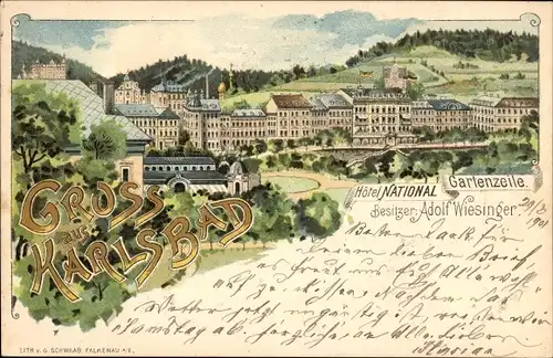 Litho Karlovy Vary Karlsbad Stadt, Hotel National, Gartenzeile