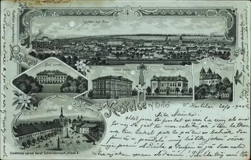 Mondschein Litho Kostelec nad Orlicí Adlerkosteletz Region Königgrätz, Stadtansichten