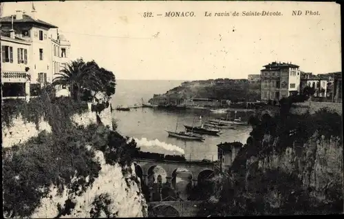 Ak Monaco, Le Ravin de Sainte Dévote, Schlucht, Viadukt, Dampflok