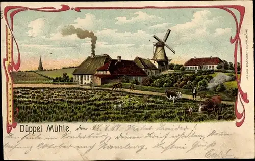 Litho Dybbøl Düppel Dänemark, Dorfansicht, Windmühle