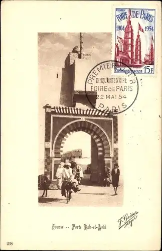 Ak Sousse Tunesien, Blick auf das Tor Bab el Arbi, Personen, Esel