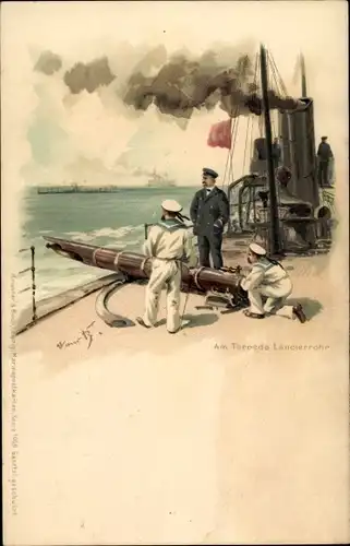 Künstler Litho Bohrdt, Hans, Am Torpedo Lancierrohr, Deutsche Seeleute, Kriegsschiff