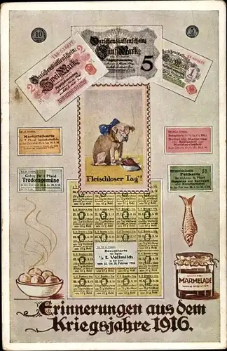Ak Erinnerungen aus dem Kriegsjahre 1916, Fisch, Marmelade, Geldscheine