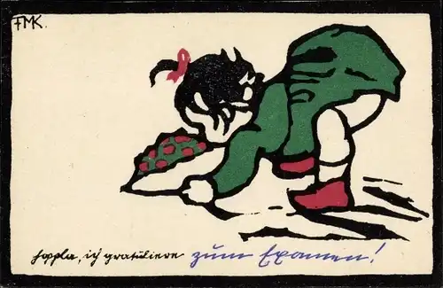 Künstler Ak Hoppla, ich gratuliere, Mädchen mit Blumenstrauß