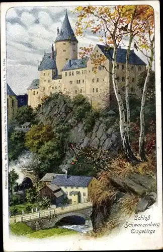 Künstler Ak Schwarzenberg im Erzgebirge, Teilansicht mit Schloss
