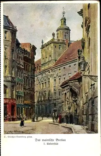 Künstler Ak Günther, O., Wrocław Breslau Schlesien, Universtität, Fechterbrunnen