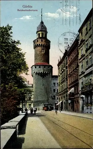 Ak Görlitz in der Lausitz, Reichenbacherturm, Straßenbahn