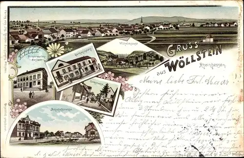 Litho Wöllstein in Rheinhessen, Präparandenanstalt, Bahnhofstraße, Germaniaplatz, Wilhelmslust