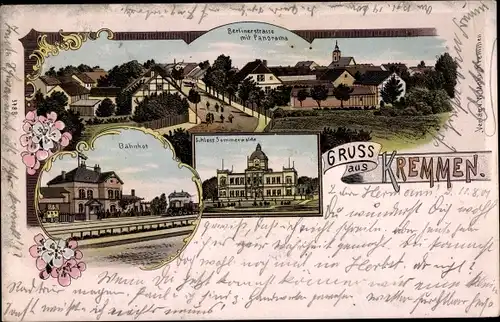 Litho Kremmen in der Mark, Bahnhof, Schloss Sommerwalde, Berlinerstraße, Panorama