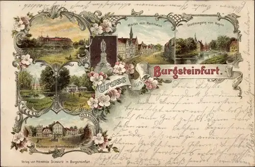 Litho Burgsteinfurt Steinfurt, Schloss, Markt, Rathaus, Bagno, Tanzsaal, Fontäne, Kaiserdenkmal