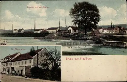 Ak Maulburg im Wiesental Südschwarzwald, Straßenpartie, Gasthaus W. Blum, Wiese mit Wehr