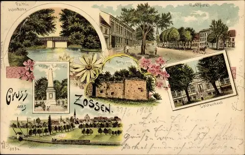 Litho Zossen im Kreis Teltow Fläming, Nottepartie,Marktplatz,Kriegerdenkmal,Bahnstrecke,Schützenhaus