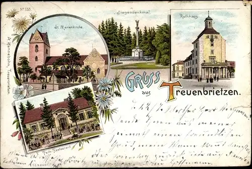 Litho Treuenbrietzen in Brandenburg, St. Marienkirche, Siegesdenkmal, Rathaus, Park-Restaurant