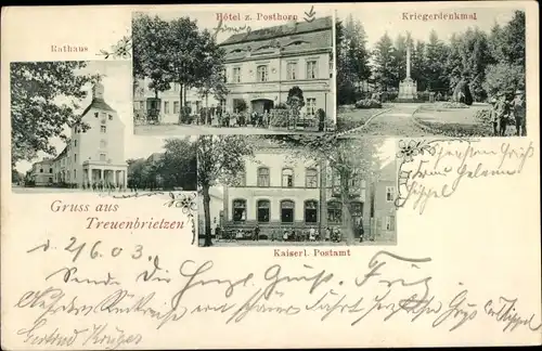 Ak Treuenbrietzen in Brandenburg, Hotel zumn Posthorn, Kriegerdenkmal, Rathaus