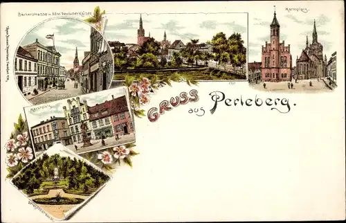 Litho Perleberg in der Prignitz, Backerstraße, Hotel Deutscher Kaiser, Markt, Kriegerdenkmal