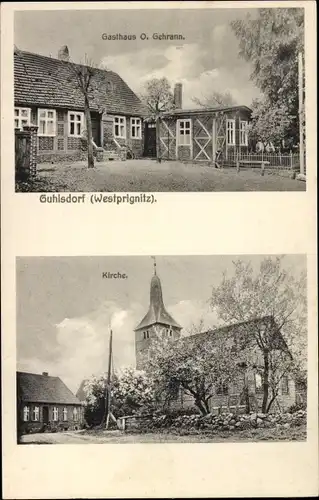 Ak Guhlsdorf Westprignitz, Gasthaus O. Gehrann, Kirche