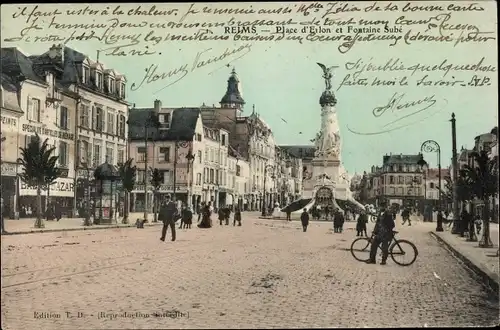 Ak Reims Marne, Place de Erlon und Fontaine Subé