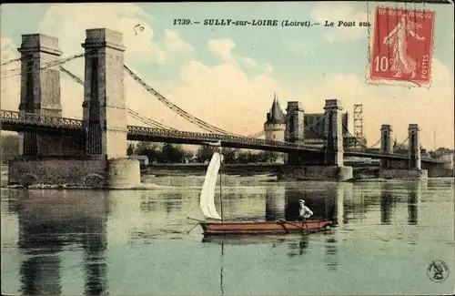 Ak Sully sur Loire Loiret, Château, Pont Suspendu