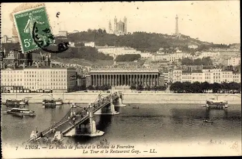 Ak Lyon Rhône, das Gerichtsgebäude, das Coteau de Fourviere, der Turm, das Gay Restaurant