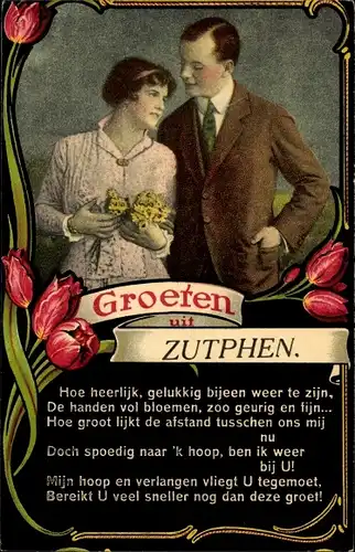 Gedicht Passepartout Ak Zutphen Gelderland, Grüße aus, Liebespaar