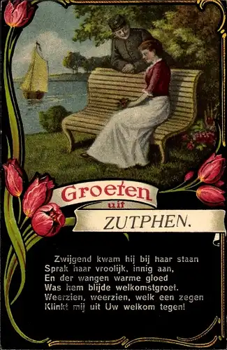 Gedicht Passepartout Ak Zutphen Gelderland, Grüße aus, Liebespaar, Soldat