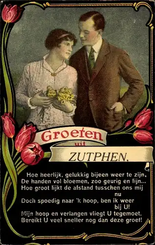 Gedicht Passepartout Ak Zutphen Gelderland, Grüße aus, Liebespaar