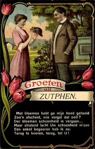 Gedicht Passepartout Ak Zutphen Gelderland, Grüße aus, Liebespaar, Hut