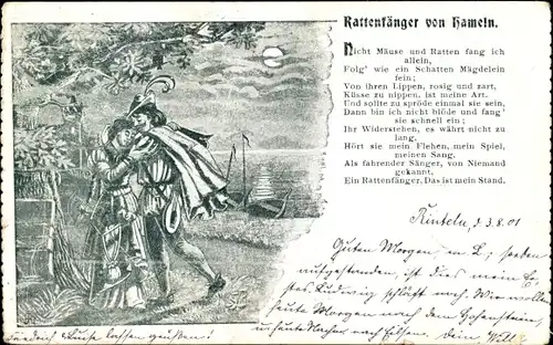 Ak Hameln an der Weser Niedersachsen, Rattenfänger, Gedicht, Mondschein