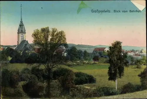 Ak Großpostwitz in Sachsen, Bahnhof, Kirche, Panorama