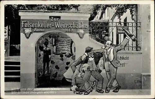 Ak Rüdesheim an der Nahe, Felsenkeller-Weinschänke, Anno 1613, betrunkene Männer, Gedicht