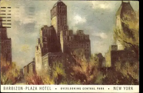 Künstler Ak Manhattan New York City USA, Barbizon Plaza Hotel, mit Blick auf den Central Park