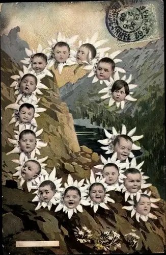 Ak Kinderportraits in Edelweißblüten, Fotomontage