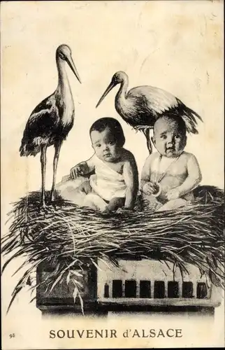 Ak Elsass, Babys und Störche im Storchennest, Fotomontage